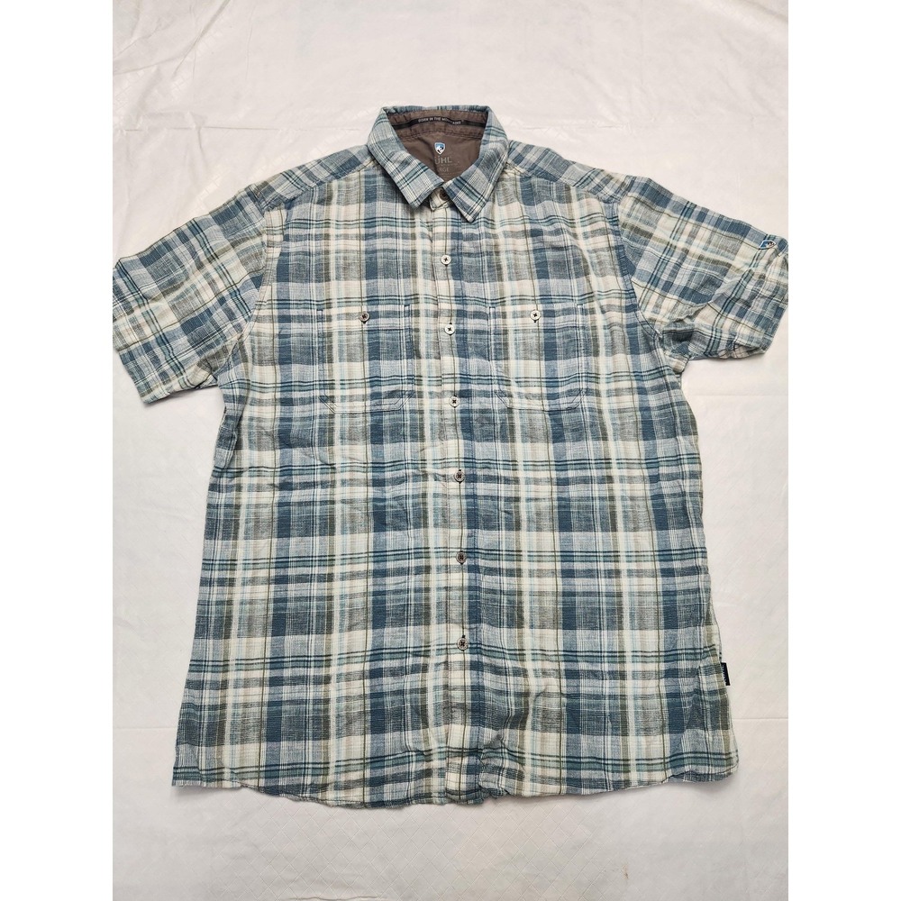 Kuhl Shirt Mens Large Blue Plaid Linen Cotton Short Sleeve Button Up Casual